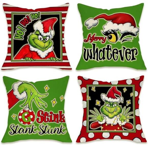 Set of 4 Merry Christmas Whatever Pillow Covers,16x16 Grinch-Themed Cushion Case - Picture 7 of 7